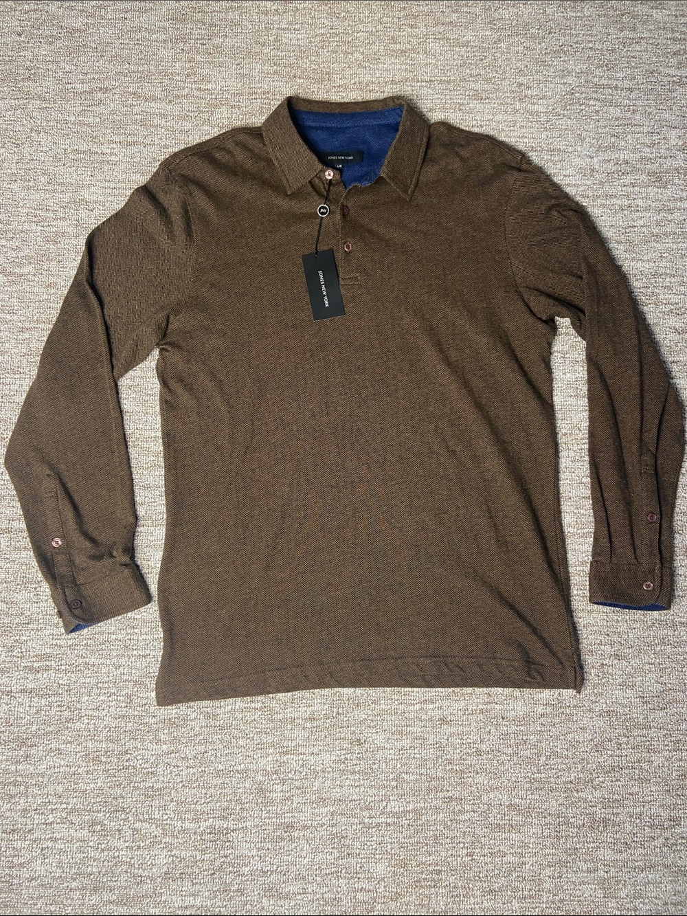 Jones New York Brown Long-Sleeve Polo with Navy Trim